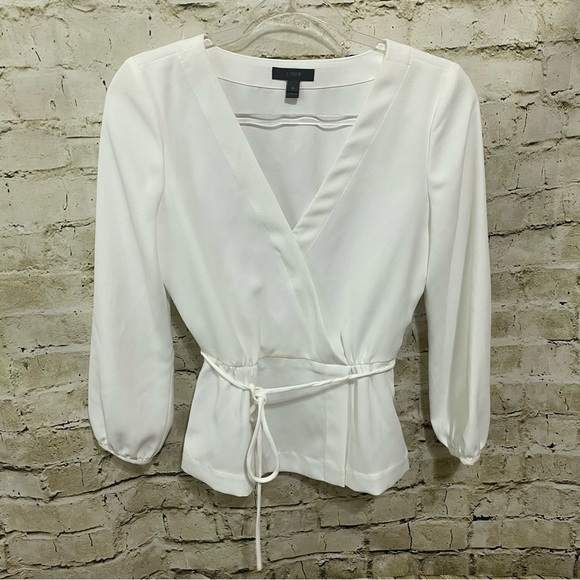 J Crew White Drapey Crepe Faux-Wrap Top Long Sleeve Peplum Blouse - Picture 1 of 6
